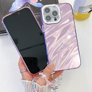 For iPhone 16e Plating Glitter Texture Chain Wristband TPU Phone Case with Lens Film(Pink Feather Yarn)
