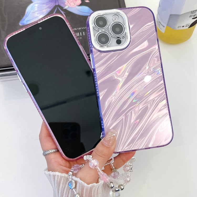 For iPhone 16e Plating Glitter Texture Chain Wristband TPU Phone Case with Lens Film(Purple Shell Pattern)
