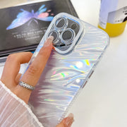 For iPhone 16e Plating Glitter Texture Chain Wristband TPU Phone Case with Lens Film(Pink Water Ripples)