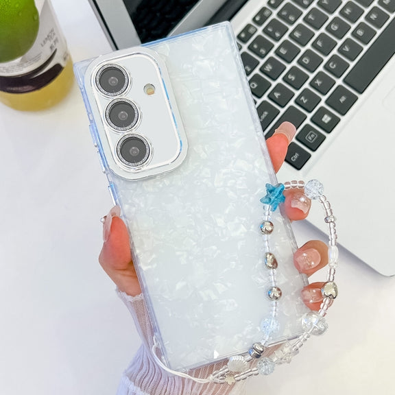 For Samsung Galaxy S25+ 5G Plating Glitter Texture Chain Wristband TPU Phone Case with Lens Film(White Shell Pattern)