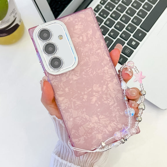 For Samsung Galaxy S25+ 5G Plating Glitter Texture Chain Wristband TPU Phone Case with Lens Film(Pink Shell Pattern)
