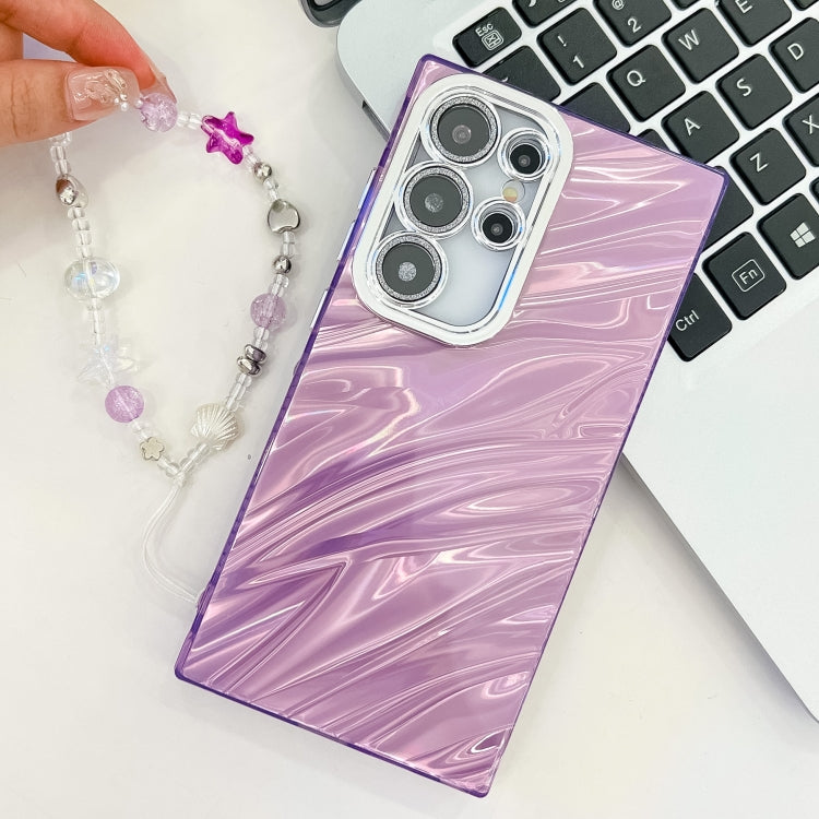 For Samsung Galaxy S25 5G Plating Glitter Texture Chain Wristband TPU Phone Case with Lens Film(White Shell Pattern)