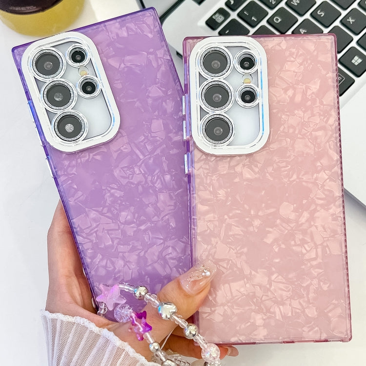 For Samsung Galaxy S25+ 5G Plating Glitter Texture Chain Wristband TPU Phone Case with Lens Film(Pink Shell Pattern)