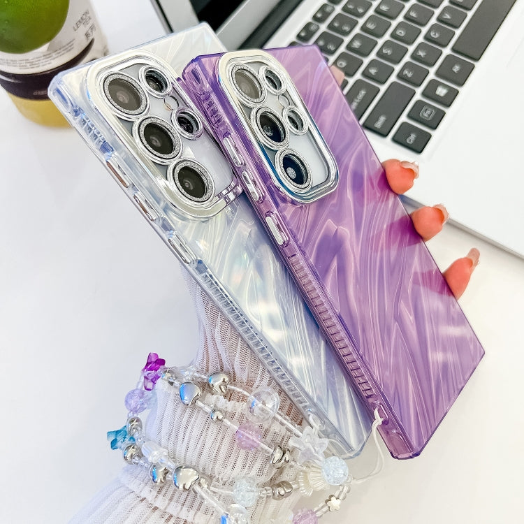 For Samsung Galaxy S25+ 5G Plating Glitter Texture Chain Wristband TPU Phone Case with Lens Film(Pink Shell Pattern)