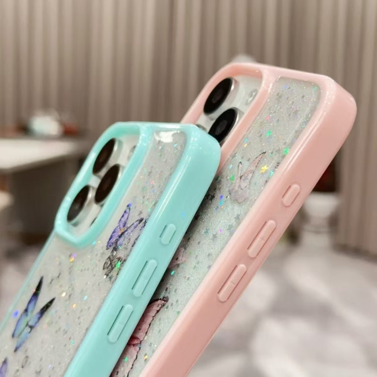 For iPhone 16 Color Butterfly Glitter Epoxy TPU Phone Case(Pink)