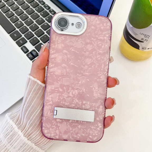 For iPhone 16e Plating Glitter Texture Fold Holder TPU Phone Case with Lens Film(Pink Shell Pattern)