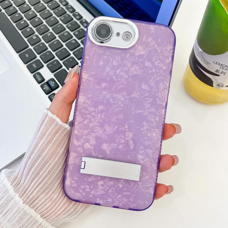For iPhone 16e Plating Glitter Texture Fold Holder TPU Phone Case with Lens Film(Purple Shell Pattern)