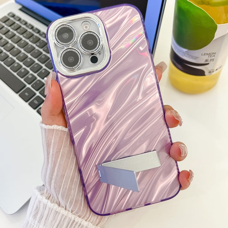 For iPhone 16e Plating Glitter Texture Fold Holder TPU Phone Case with Lens Film(Pink Feather Yarn)