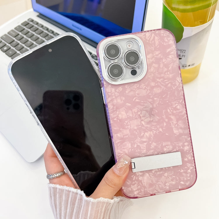 For iPhone 16 Pro Max Plating Glitter Texture Fold Holder TPU Phone Case with Lens Film(White Water Ripples)
