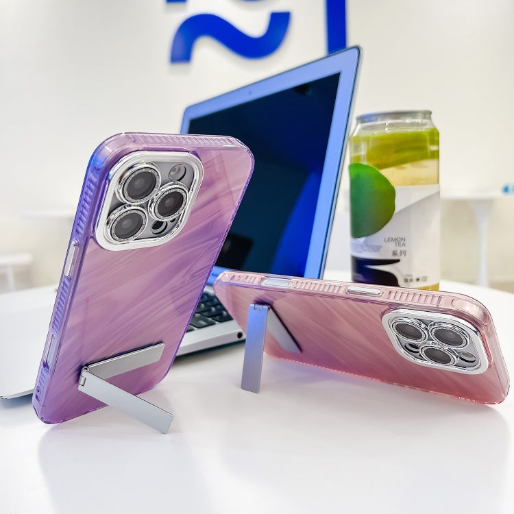 For iPhone 16e Plating Glitter Texture Fold Holder TPU Phone Case with Lens Film(White Shell Pattern)
