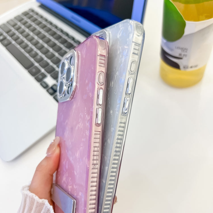 For iPhone 16e Plating Glitter Texture Fold Holder TPU Phone Case with Lens Film(Purple Shell Pattern)