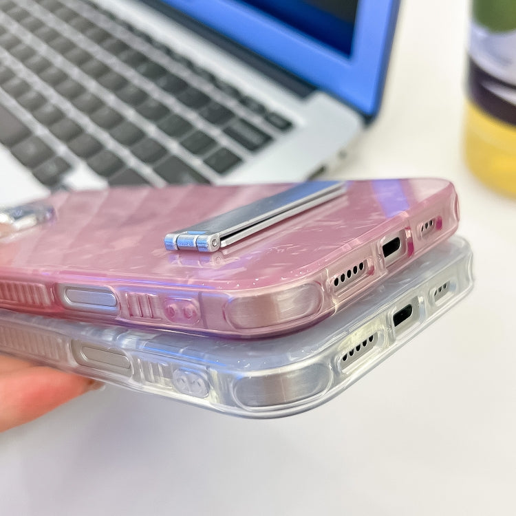 For iPhone 16e Plating Glitter Texture Fold Holder TPU Phone Case with Lens Film(Purple Shell Pattern)