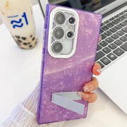 For Samsung Galaxy S25+ 5G Plating Glitter Texture Fold Holder TPU Phone Case with Lens Film(Purple Tinfoil Texture)