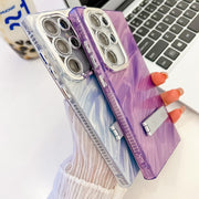 For Samsung Galaxy S25+ 5G Plating Glitter Texture Fold Holder TPU Phone Case with Lens Film(Pink Water Ripples)