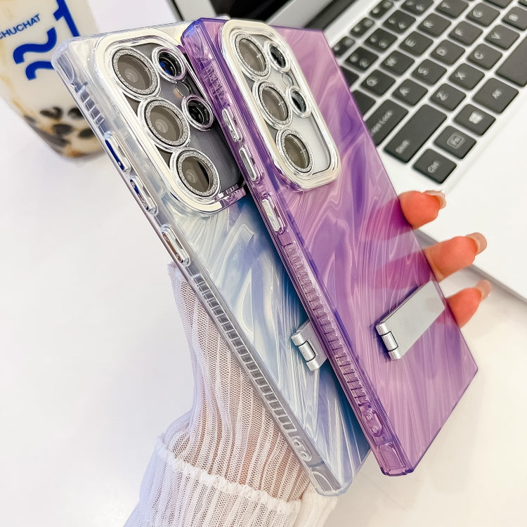 For Samsung Galaxy S25+ 5G Plating Glitter Texture Fold Holder TPU Phone Case with Lens Film(Pink Water Ripples)