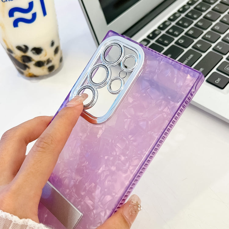 For Samsung Galaxy S25+ 5G Plating Glitter Texture Fold Holder TPU Phone Case with Lens Film(Pink Feathers)