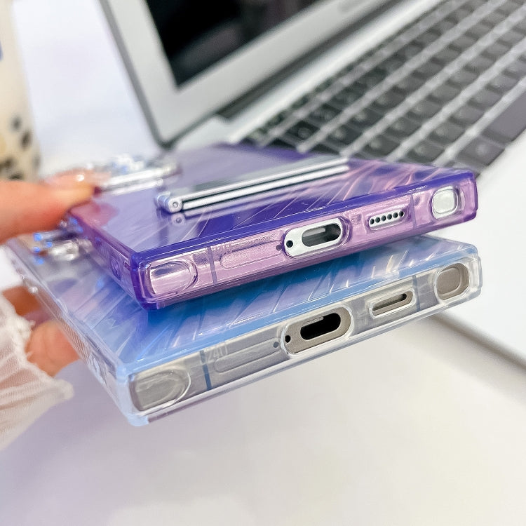 For Samsung Galaxy S25+ 5G Plating Glitter Texture Fold Holder TPU Phone Case with Lens Film(Purple Feathers)