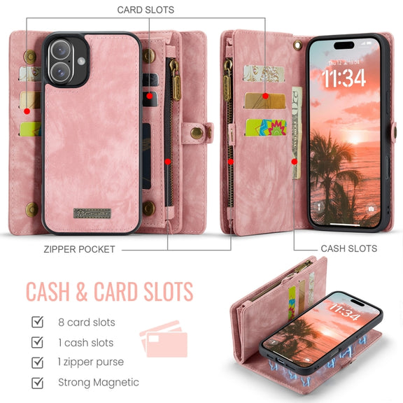 For iPhone 16 CaseMe 008 Detachable Multifunctional Leather Phone Case(Pink)