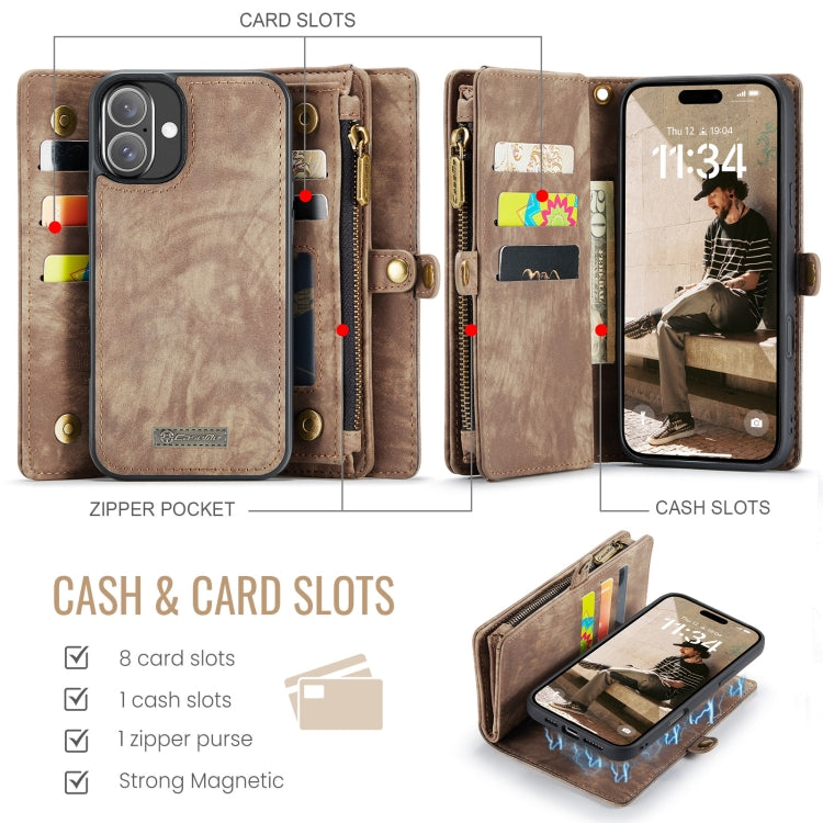For iPhone 16 Plus CaseMe 008 Detachable Multifunctional Leather Phone Case(Brown)