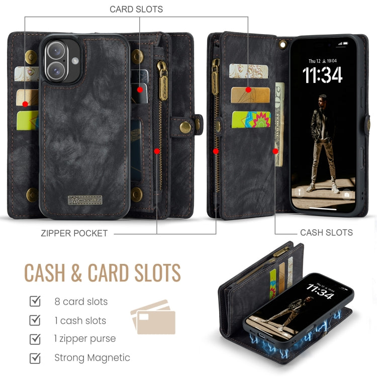 For iPhone 16 Plus CaseMe 008 Detachable Multifunctional Leather Phone Case(Black)