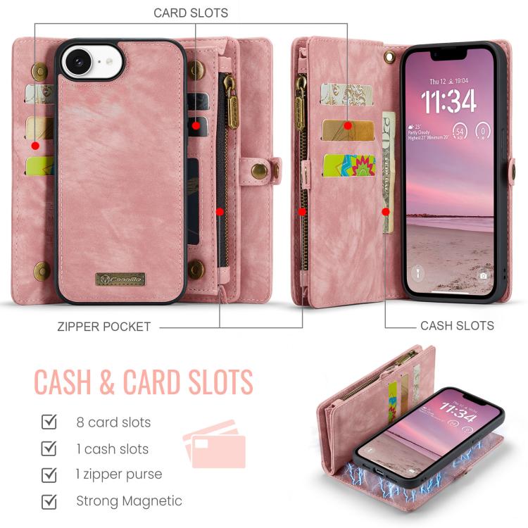 For iPhone 16e CaseMe 008 Detachable Multifunctional Leather Phone Case(Pink)