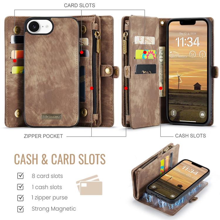 For iPhone 16e CaseMe 008 Detachable Multifunctional Leather Phone Case(Brown)
