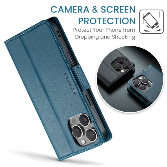 For iPhone 16 Pro CaseMe 023 Butterfly Buckle Litchi Texture RFID Anti-theft Leather Phone Case(Blue)