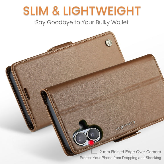 For iPhone 16 Plus CaseMe 023 Butterfly Buckle Litchi Texture RFID Anti-theft Leather Phone Case(Brown)