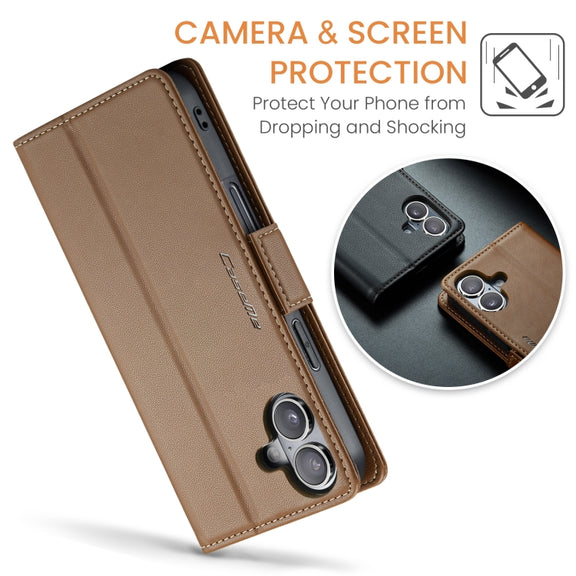 For iPhone 16 Plus CaseMe 023 Butterfly Buckle Litchi Texture RFID Anti-theft Leather Phone Case(Brown)