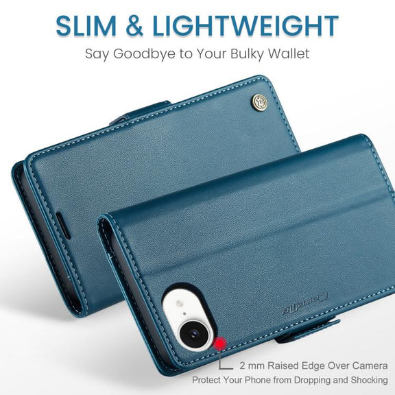 For iPhone 16e CaseMe 023 Butterfly Buckle Litchi Texture RFID Anti-theft Leather Phone Case(Blue)