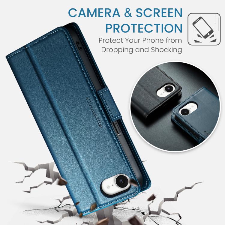 For iPhone 16e CaseMe 023 Butterfly Buckle Litchi Texture RFID Anti-theft Leather Phone Case(Blue)