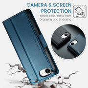 For iPhone 16e CaseMe 023 Butterfly Buckle Litchi Texture RFID Anti-theft Leather Phone Case(Blue)