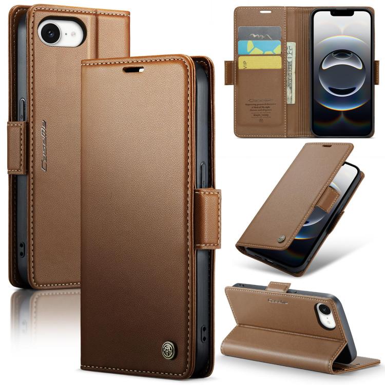 For iPhone 16e CaseMe 023 Butterfly Buckle Litchi Texture RFID Anti-theft Leather Phone Case(Brown)