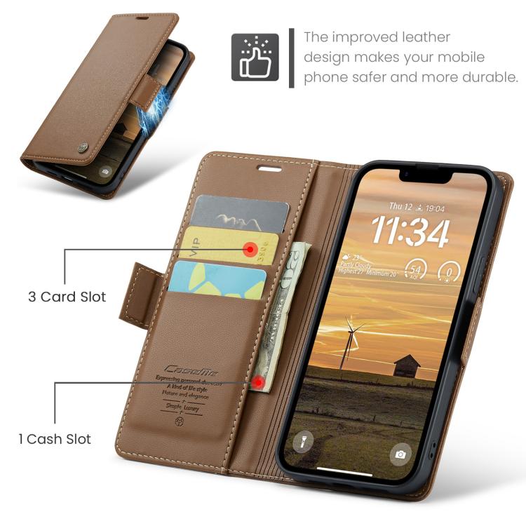 For iPhone 16e CaseMe 023 Butterfly Buckle Litchi Texture RFID Anti-theft Leather Phone Case(Brown)
