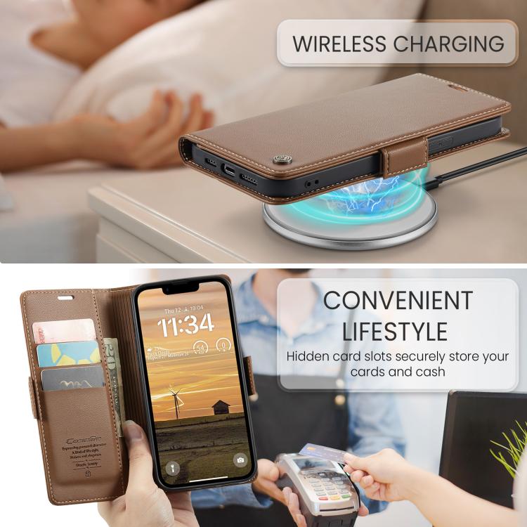 For iPhone 16e CaseMe 023 Butterfly Buckle Litchi Texture RFID Anti-theft Leather Phone Case(Brown)