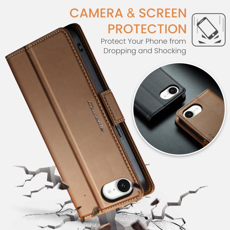For iPhone 16e CaseMe 023 Butterfly Buckle Litchi Texture RFID Anti-theft Leather Phone Case(Brown)