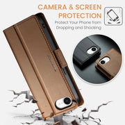 For iPhone 16e CaseMe 023 Butterfly Buckle Litchi Texture RFID Anti-theft Leather Phone Case(Brown)