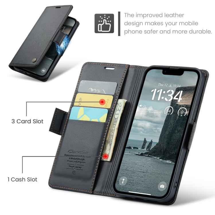 For iPhone 16e CaseMe 023 Butterfly Buckle Litchi Texture RFID Anti-theft Leather Phone Case(Black)