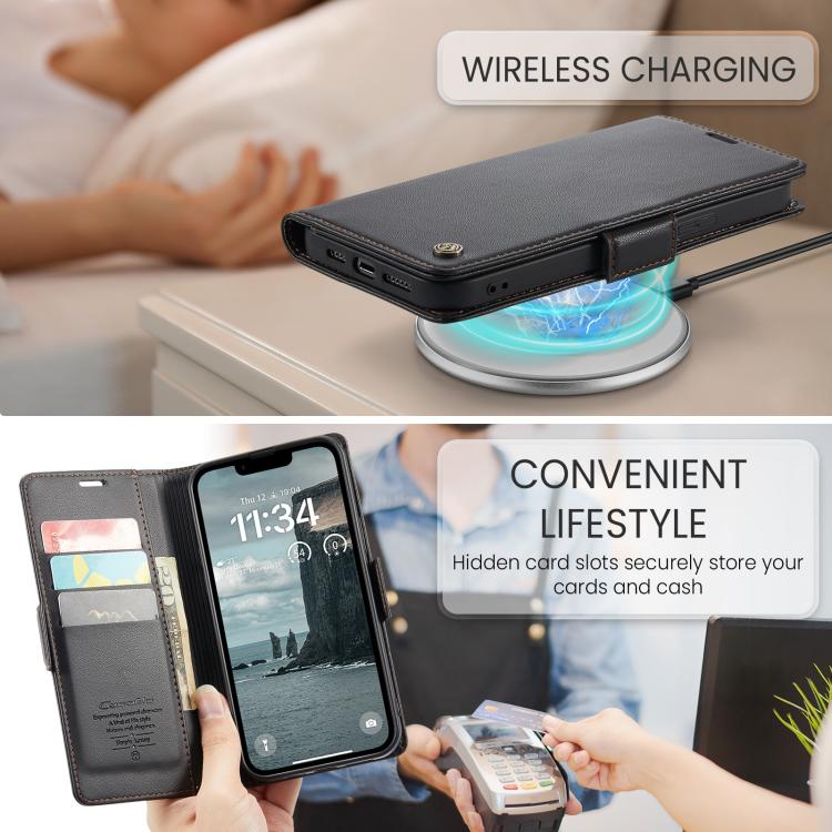 For iPhone 16e CaseMe 023 Butterfly Buckle Litchi Texture RFID Anti-theft Leather Phone Case(Black)
