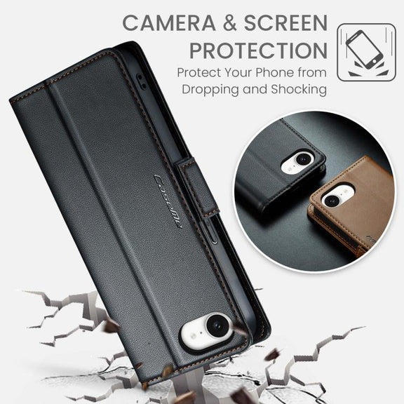 For iPhone 16e CaseMe 023 Butterfly Buckle Litchi Texture RFID Anti-theft Leather Phone Case(Black)