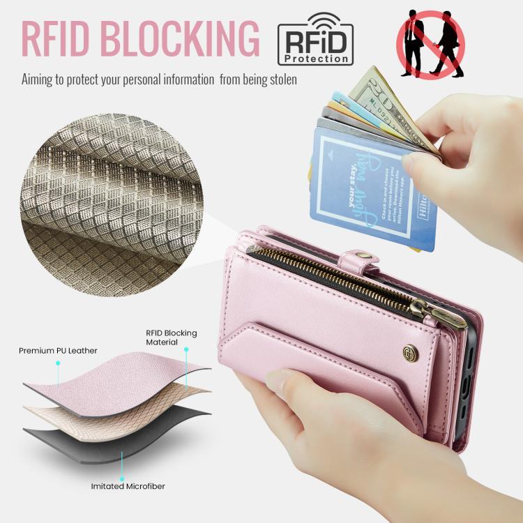 For iPhone 16e CaseMe C36 Card Slots Zipper Wallet RFID Anti-theft Leather Phone Case(Pink)