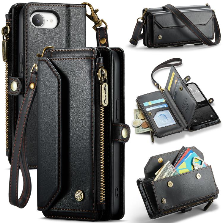 For iPhone 16e CaseMe C36 Card Slots Zipper Wallet RFID Anti-theft Leather Phone Case(Black)