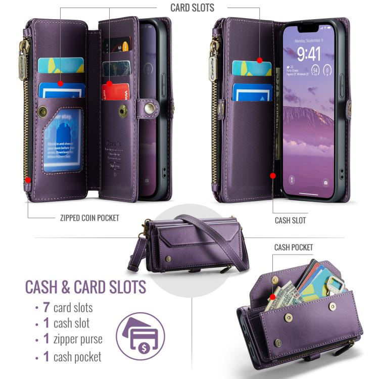 For iPhone 16e CaseMe C36 Card Slots Zipper Wallet RFID Anti-theft Leather Phone Case(Purple)