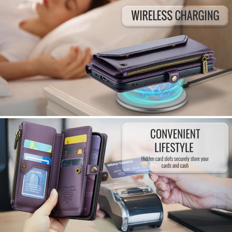 For iPhone 16e CaseMe C36 Card Slots Zipper Wallet RFID Anti-theft Leather Phone Case(Purple)