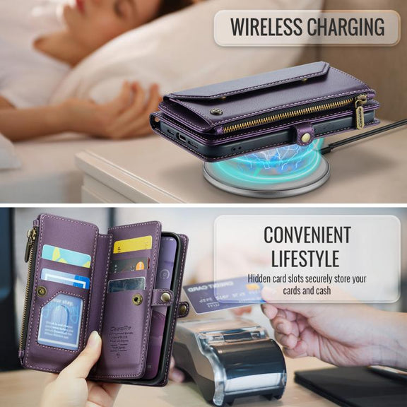 For iPhone 16e CaseMe C36 Card Slots Zipper Wallet RFID Anti-theft Leather Phone Case(Purple)