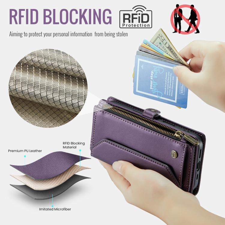 For iPhone 16e CaseMe C36 Card Slots Zipper Wallet RFID Anti-theft Leather Phone Case(Purple)