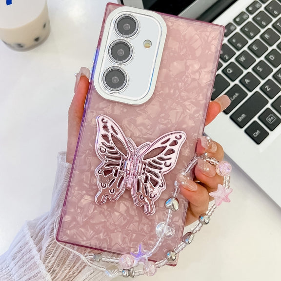 For Samsung Galaxy S25+ 5G Plating Glitter Lens Film Texture Butterfly Holder Wristband Phone Case(Pink Shell Pattern)