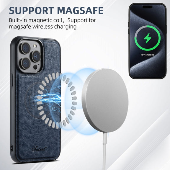 For iPhone 16 Pro Max Suteni H17 Cross Grain Leather MagSafe Detachable Wallet Phone Case(Blue)
