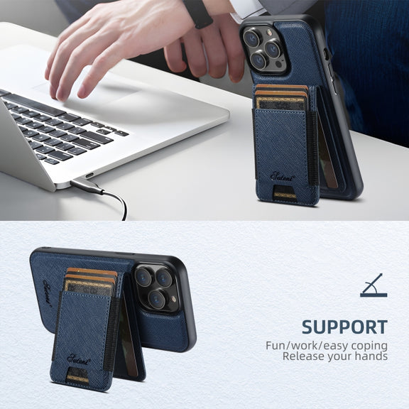 For iPhone 16 Pro Suteni H17 Cross Grain Leather MagSafe Detachable Wallet Phone Case(Blue)