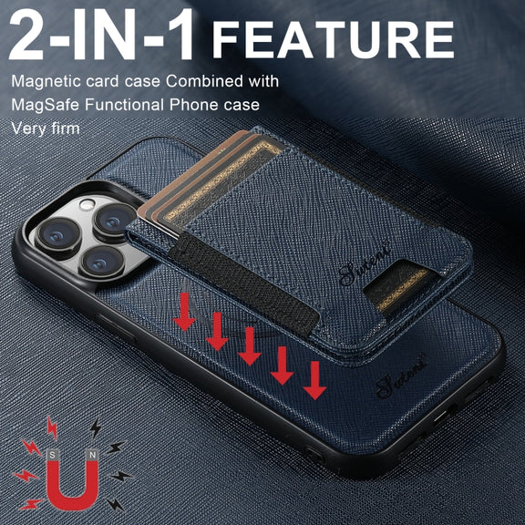 For iPhone 16 Pro Suteni H17 Cross Grain Leather MagSafe Detachable Wallet Phone Case(Blue)